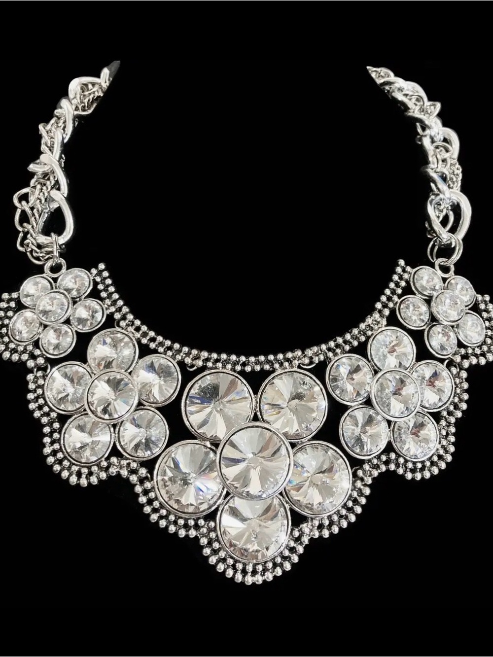 Crystal Statement Necklace - Silver Floral Bib Necklace